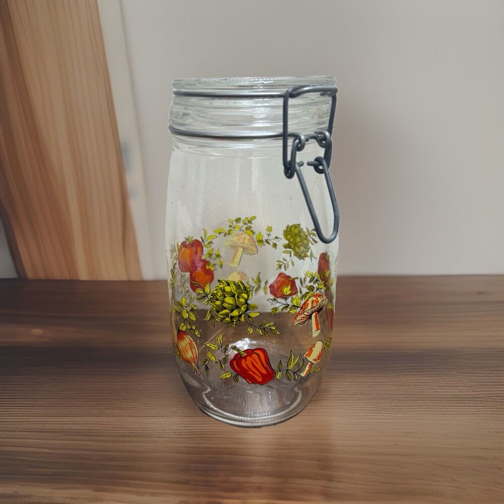 Vintage 1.5 Liter Arc of France Spice of Life Hinged Storage Jar Glass Mushroom